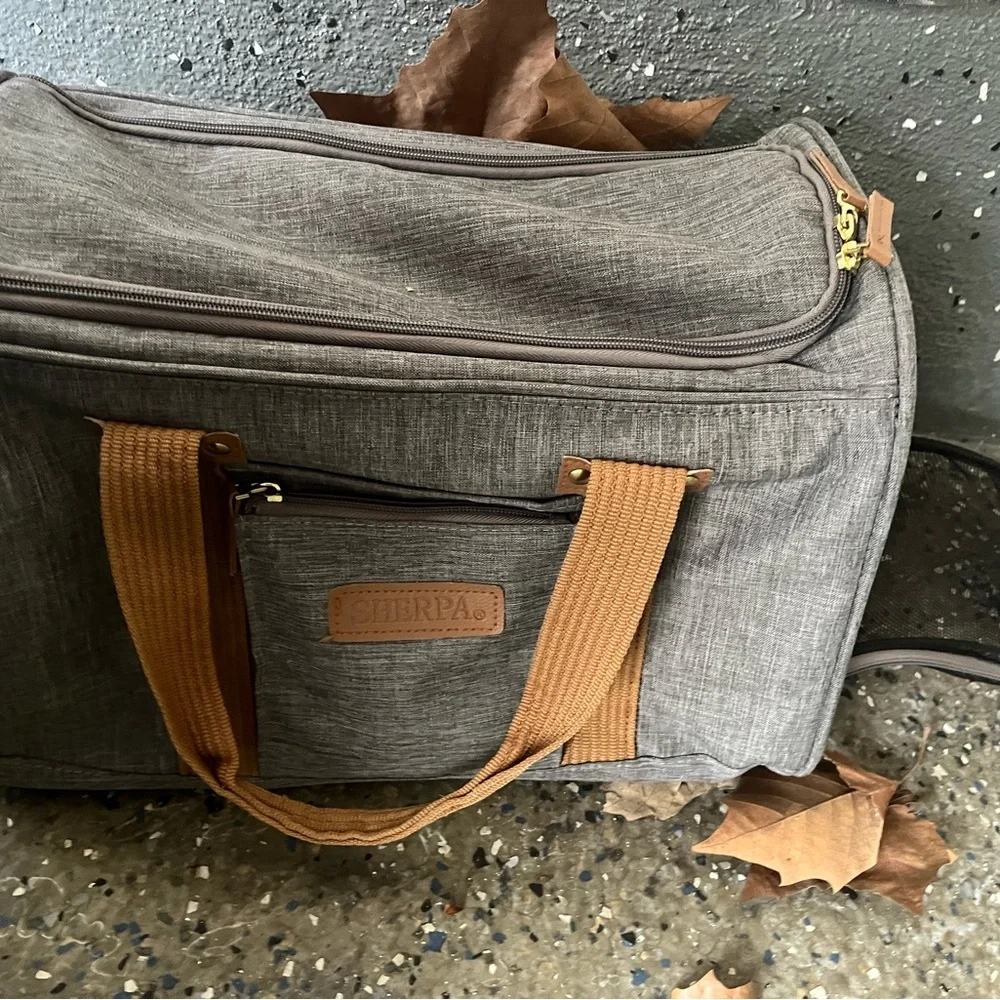 Dog Sherpa zipper top side Stylish Gray Tan Pet Carrier Bag car luggage